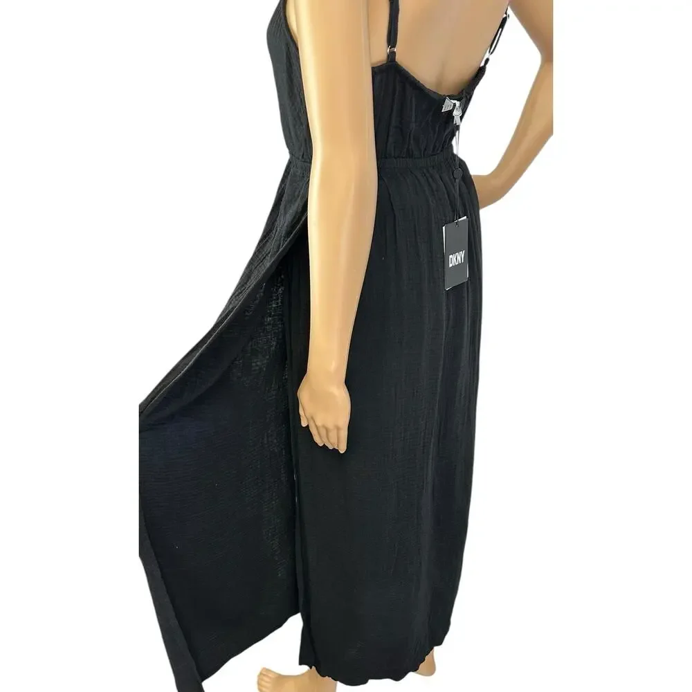 NWT DKNY V-Neck Front Tie Maxi Dress Cover Up Black Beachwear Side Slit Size M